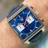 Tag Heuer Monaco Automatic Chronograph Blue Dial Blue Leather Strap Watch for Men - CBL2111.FC6453