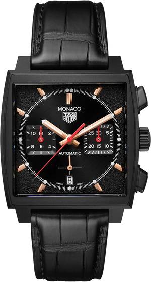 Tag Heuer Monaco Automatic Chronograph Black Dial Black Leather Strap Watch for Men - CBL2180.FC6497