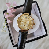 Michael Kors Sawyer Champagne Dial Black Leather Strap Watch for Women - MK2433