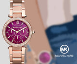 Michael Kors Mini Parker Multi-Function Plum Mother of Pearl Dial Rose Gold Steel Strap Watch For Women - MK6403