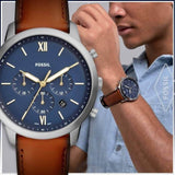 Fossil Neutra Chronograph Blue Dial Brown Leather Strap Watch for Men - FS5453