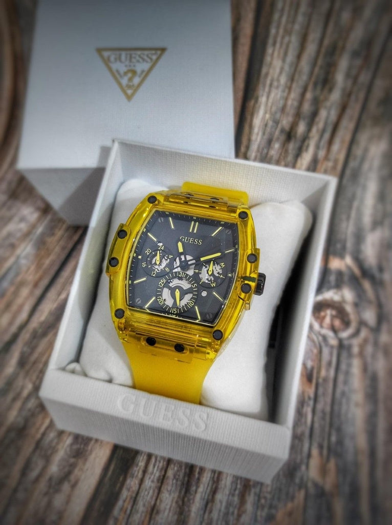 Guess Phoenix Multi Function Black Dial Yellow Rubber Strap Watch for Men