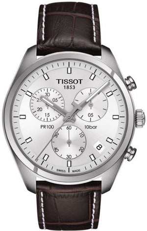 Tissot PR 100 Quartz Chronograph Silver Dial Brown Leather Strap Watch for Men - T101.417.16.031.00