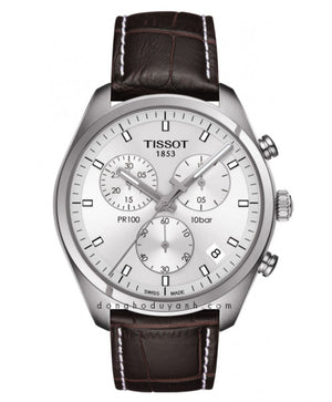 Tissot PR 100 Chronograph Silver Dial Brown Leather Strap Watch for Men - T101.417.16.031.00