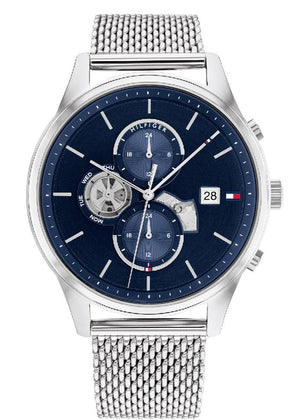 Tommy Hilfiger Weston Chronograph Blue Dial Silver Mesh Bracelet Watch For Men - 1710504