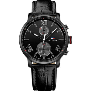 Tommy Hilfiger Aden Chronograph Black Dial Black Leather Strap Watch for Men - 1791310