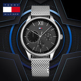 Tommy Hilfiger Damon Quartz Chronograph Black Dial Silver Mesh Bracelet Watch for Men - 1791415