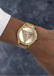 Guess Tri Glitz Quartz Diamonds Gold Dial Gold Mesh Bracelet Watch For Women - W1142L2