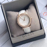 Guess Mini Rose Diamonds White Dial White Leather Strap Watch For Women - U85142l3