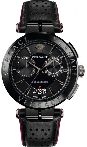 Versace V-Racer Aion Chronograph Black Dial Black Leather Strap Watch for Men - VBR030017