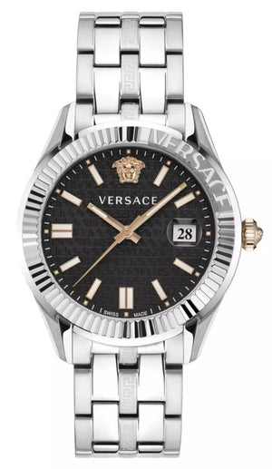 Versace Greca Time Quartz Black Dial Silver Steel Strap Watch For Men - VE3K00322