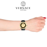 Versace Shadov Quartz Gold Dial Black Leather Strap Watch for Women - VEBM00318