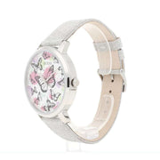 Guess Sparkle Butterfly White Dial Silver Leather Strap Watch For Women - GW0008L1