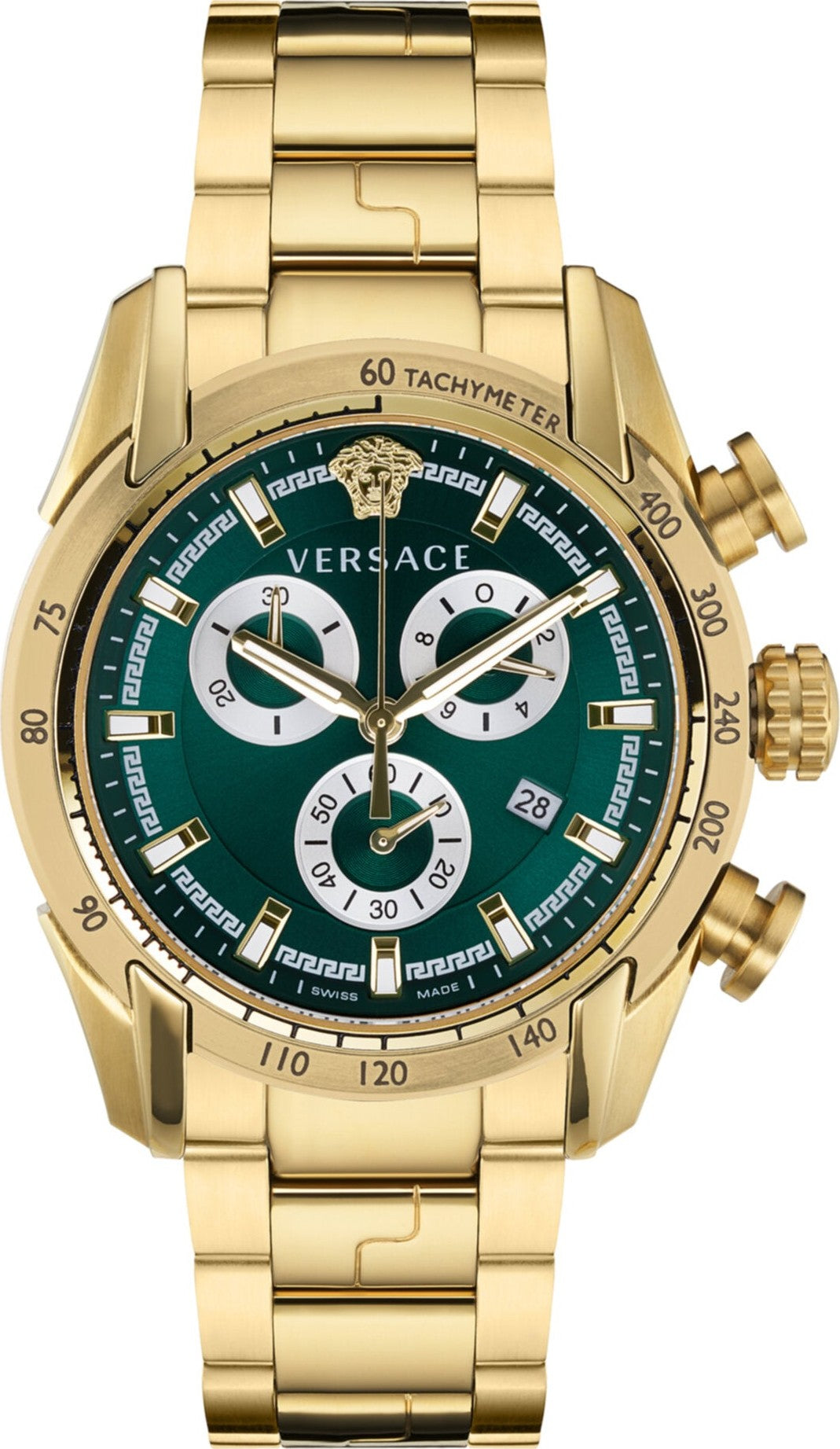 Versace V-Ray Chronograph Green Dial Gold Steel Strap Watch For Men - VE2I00621