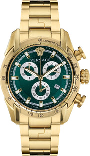 Versace V-Ray Chronograph Green Dial Gold Steel Strap Watch For Men - VE2I00621