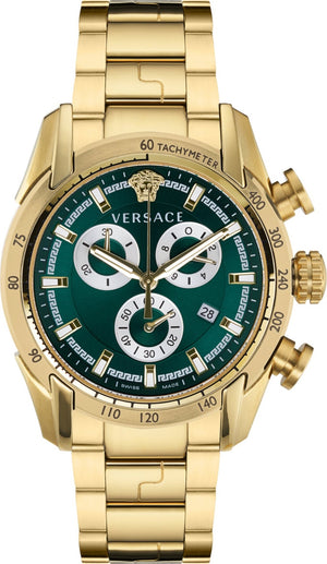 Versace V-Ray Chronograph Quartz Green Dial Gold Steel Strap Watch For Men - VE2I00621