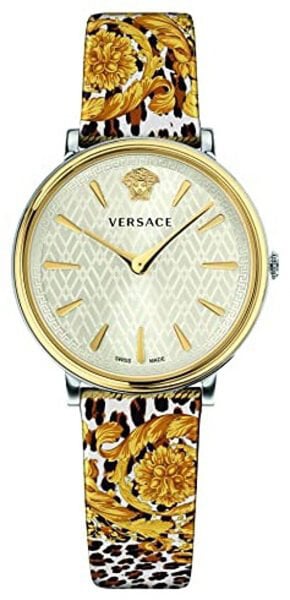 Versace V-Circle Silver Dial Cheetah Print Brown Leather Strap Watch for Women - VBP12017