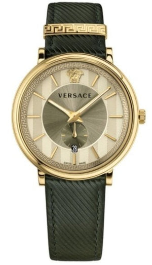 Versace V-Circle Manifesto Gold Dial Black Leather Strap Watch for Men - VBQ030017