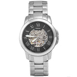 Fossil Grant Automatic Skeleton Black Dial Silver Steel Strap Watch for Men - ME3103