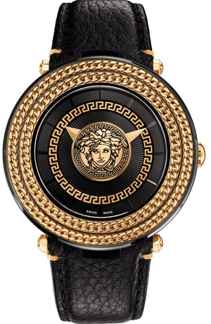 Versace V Metal Icon Black Dial Black Leather Strap Watch For Men - VQL020015