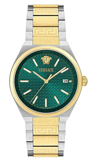 Versace V-Auria Quartz Green Dial Two Tone Steel Strap Watch for Men - VE0F00425