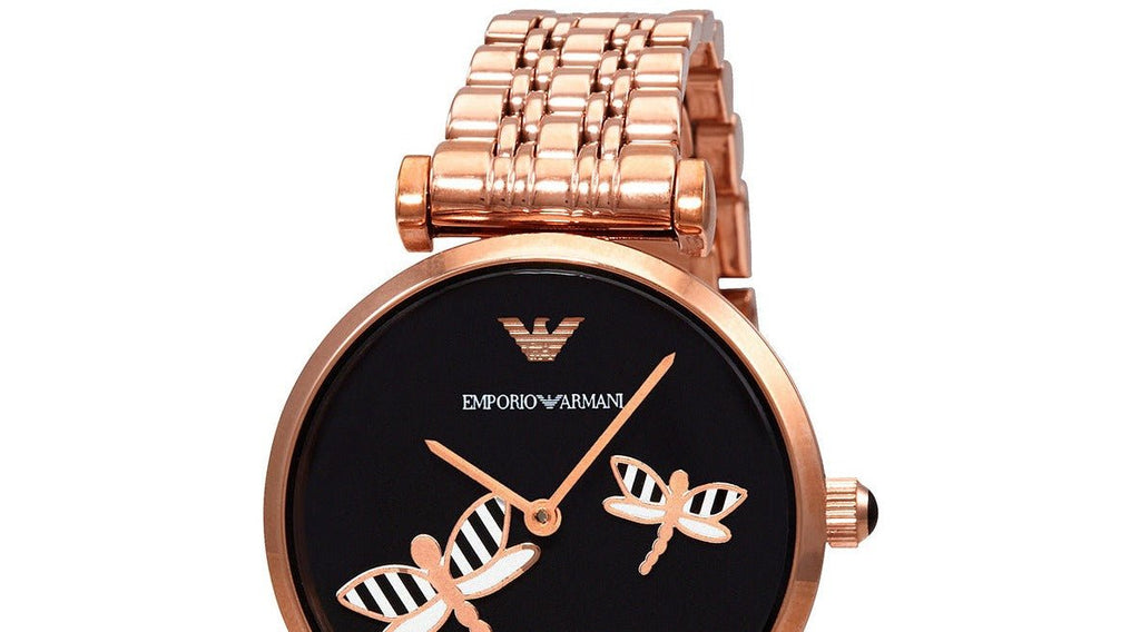 Emporio Armani Gianni T Bar Black Dial Rose Gold Steel Strap Watch