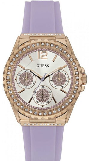 Guess Starlight Diamonds White Dial Purple Rubber Strap Watch for Women - W0846L6