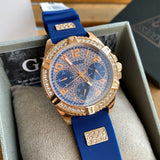 Guess Frontier DIamonds Gold Dial Blue Rubber Strap Watch For Women - W1160L3