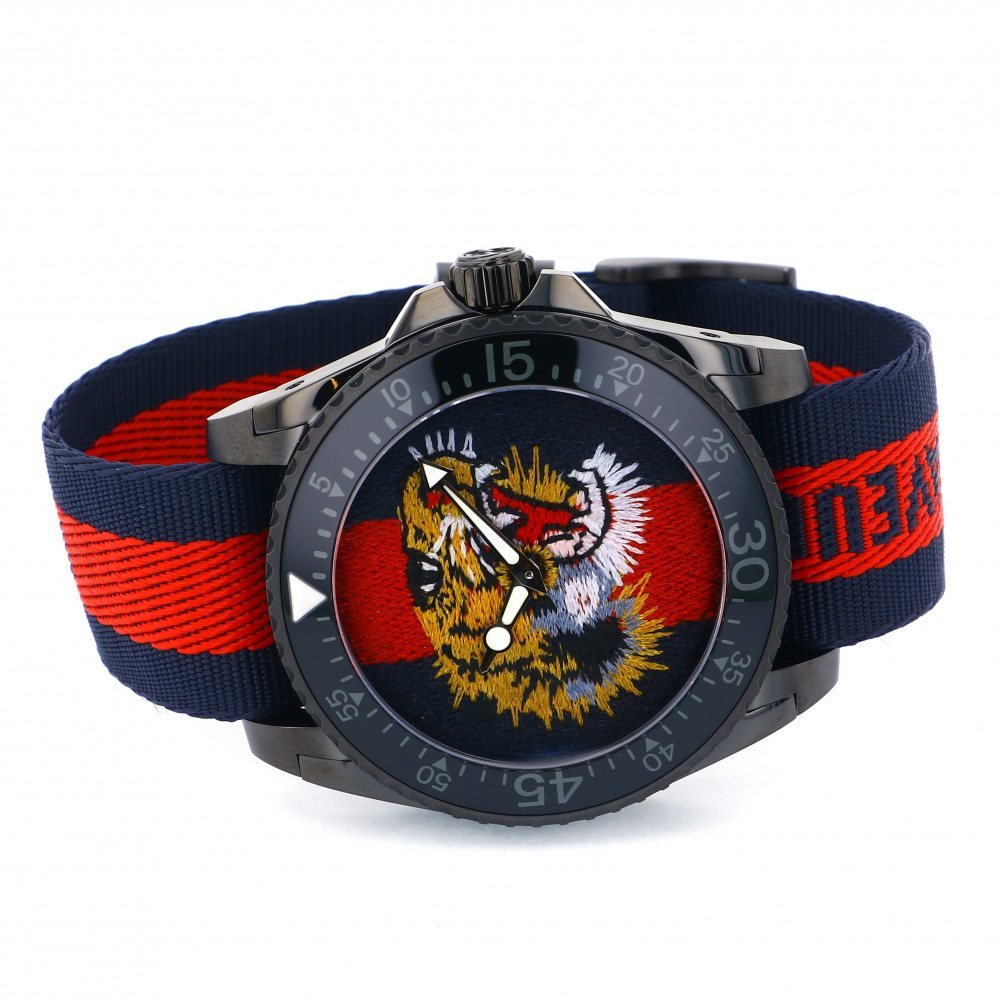 Gucci Dive Tiger Blue and Red Dial Blue Red Blue Nylon Strap Watch