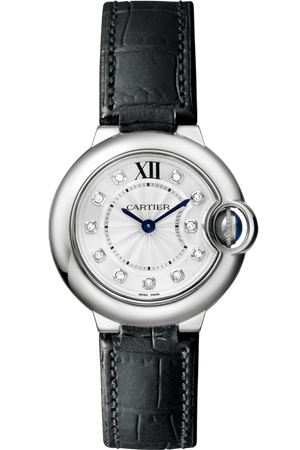 Cartier Ballon Bleu de Cartier Diamonds Silver Dial Black Leather Strap Watch for Women - W4BB0008