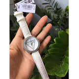 Guess Mini Triangle Quartz Diamonds Silver Dial White Leather Strap Watch For Women - W65006L1