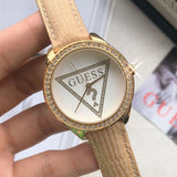 Guess Mini Triangle Quartz White Dial Gold Leather Strap Watch For Women - W70015l1