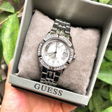 Guess Water Pro Diamonds Silver Dial Silver Steel Strap Watch For Women - G75511M