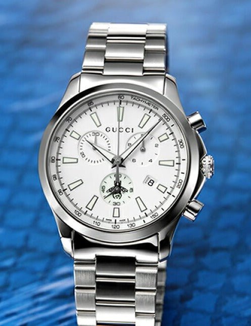 Gucci G Timeless Chronograph White Dial Silver Steel Strap Watch Gucci G Timeless Chronograph White Dial Silver Steel Strap Watch