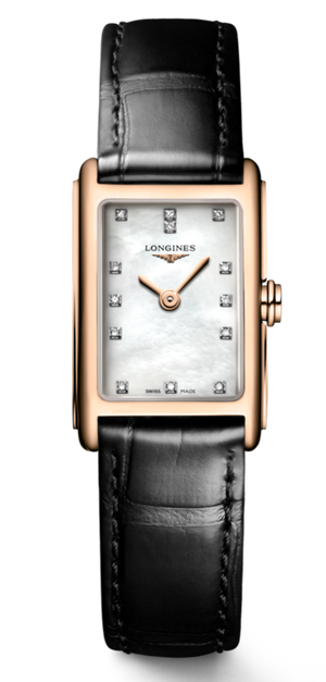 Longines Dolcevita Diamonds Mother of Pearl White Dial Black Leather Strap Watch for Women - L5.258.8.87.0