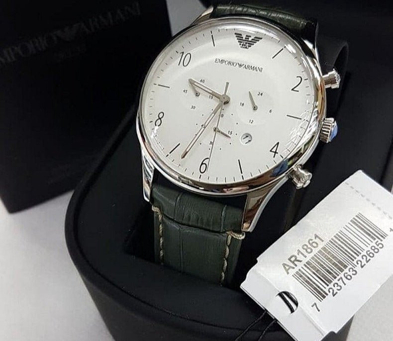 Emporio Armani Classic Chronograph Silver Dial Grey Leather Strap