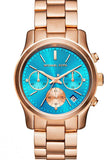 Michael Kors Runway Chronograph Turquoise Dial Rose Gold Steel Strap Watch For Women - MK6164