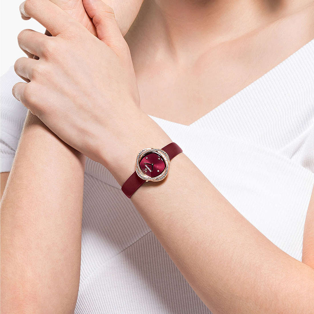 Swarovski Crystal Flower Red Dial Red Leather Strap Watch for Women