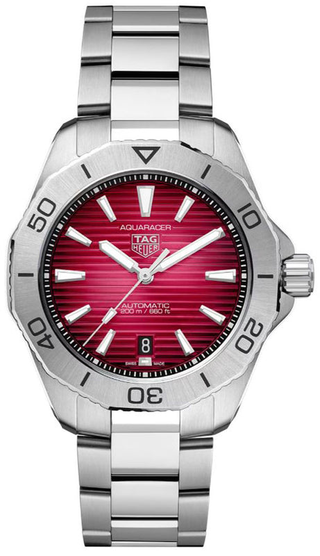 Tag Heuer Aquaracer Professional 200 Automatic Red Dial Silver Steel Strap Watch for Men - WBP2114.BA0627