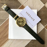 Versace V-Circle Manifesto Gold Dial Black Leather Strap Watch for Men - VBQ030017