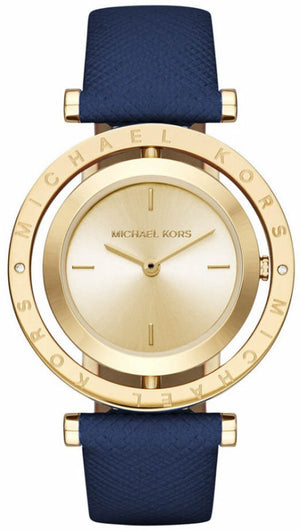 Michael Kors Averi Gold Dial Navy Blue Leather Strap Watch for Women - MK2526