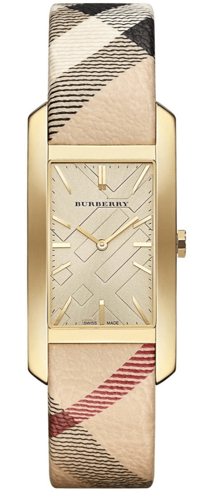 Burberry Pioneer Gold Dial Haymarket Beige Leather Strap Watch for