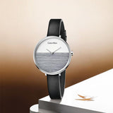 Calvin Klein Rise White Grey Dial Black Leather Strap Watch for Women - K7A231C3