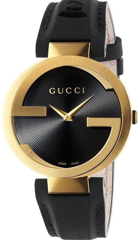 Orologio da donna con cinturino in pelle nera con quadrante nero in edizione speciale Gucci Interlocking G Grammy