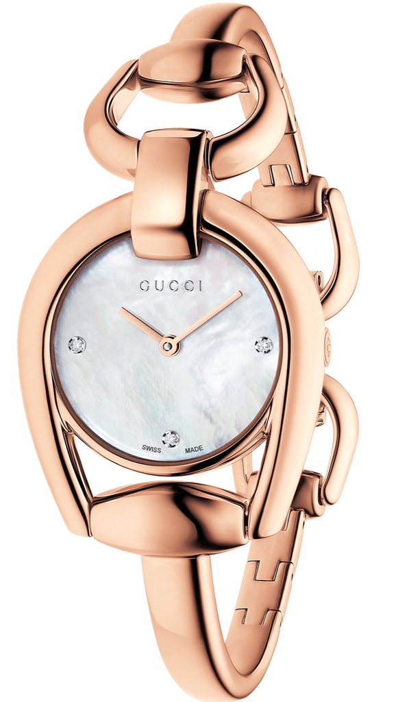 Gucci Horsebit Collection Diamonds Mother of Pearl Dial Rose Gold Steel Strap Watch For Women