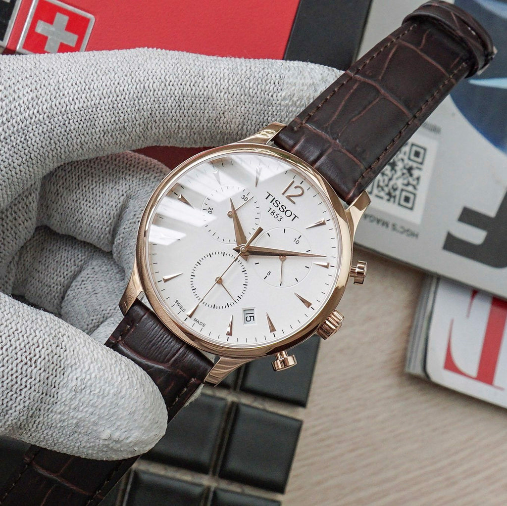 Tissot T Classic Tradition Chronograph White Dial Brown Leather