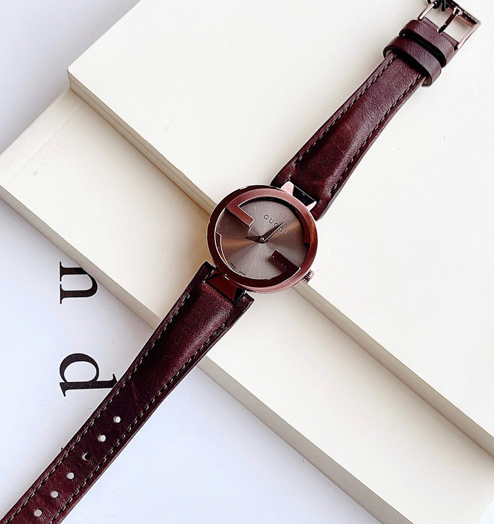 Gucci Interlocking Iconic Brown Dial Brown Leather Strap Watch For