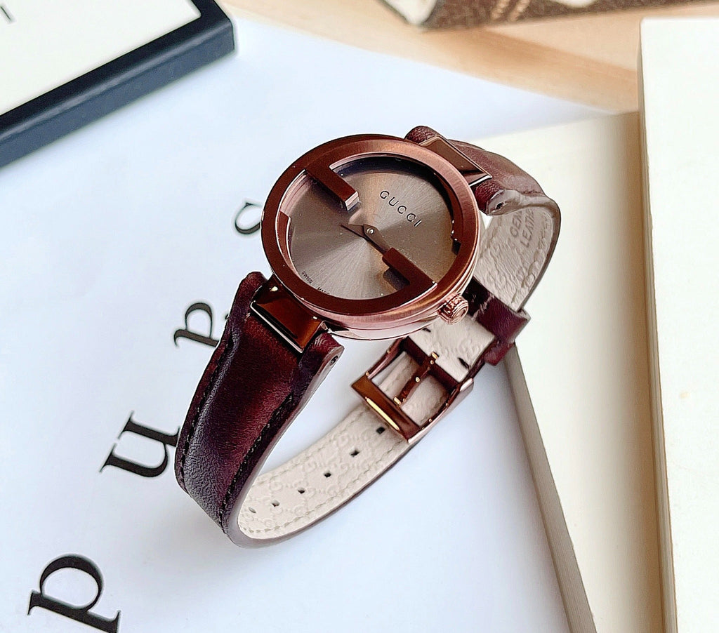 Gucci Interlocking Iconic Brown Dial Brown Leather Strap Watch For