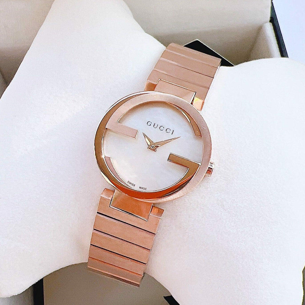 Gucci G Interlocking Mother of Pearl Dial Rose Gold Steel Strap