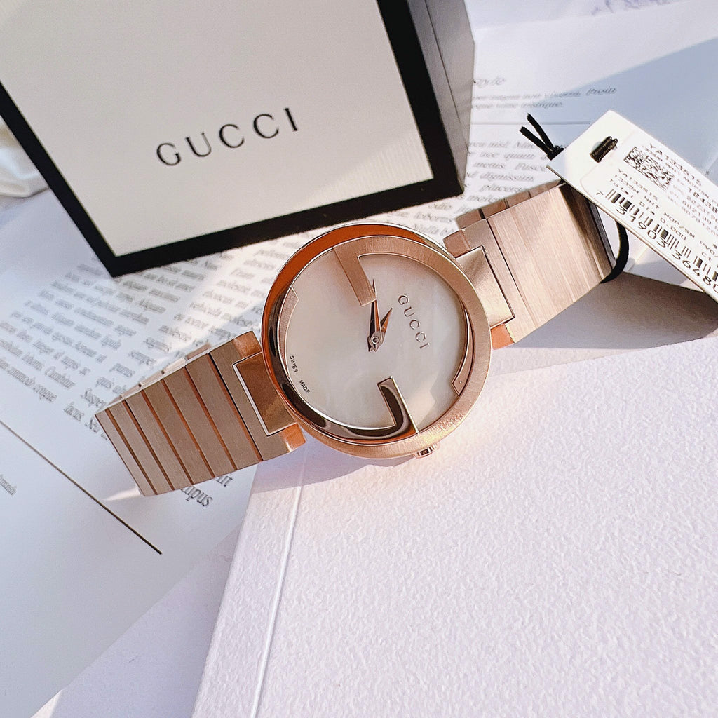 Gucci G Interlocking Mother of Pearl Dial Rose Gold Steel Strap